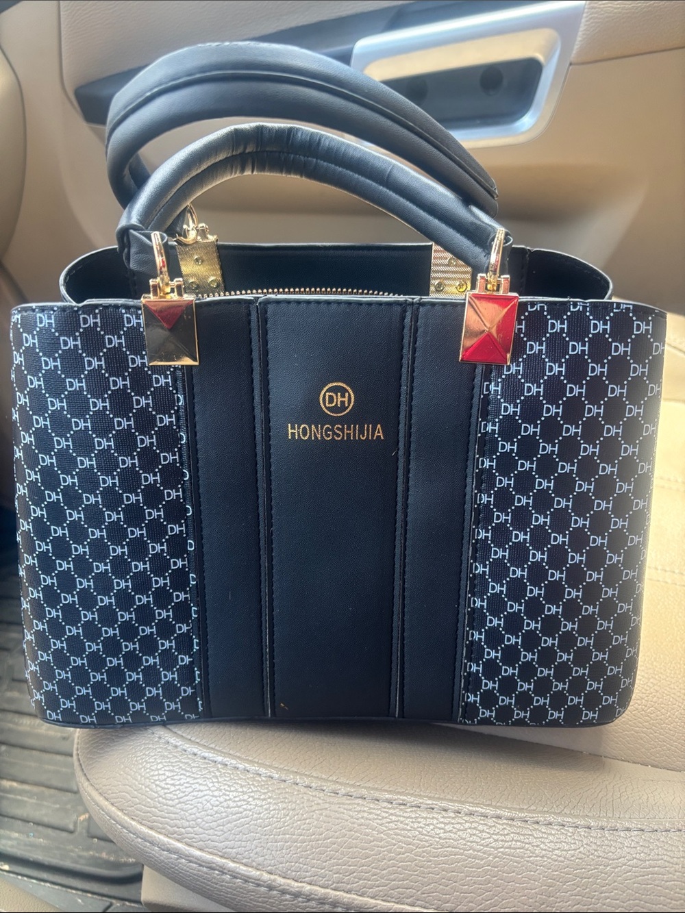 Hongshijia Black Patterned Satchel with Gold Accents